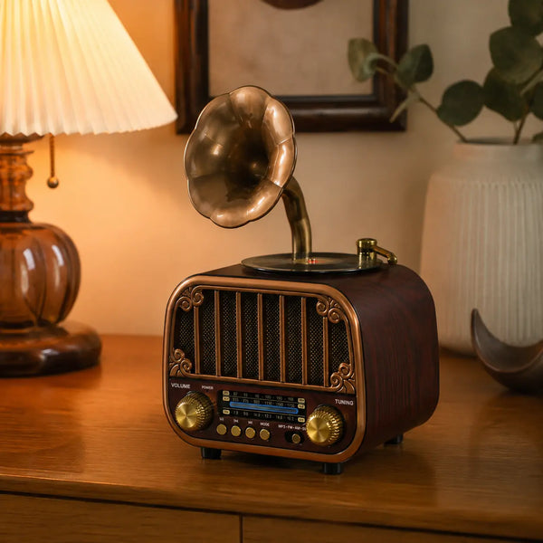 Gramofon tasarımlı bluetooth hoparlör salon dekorunda