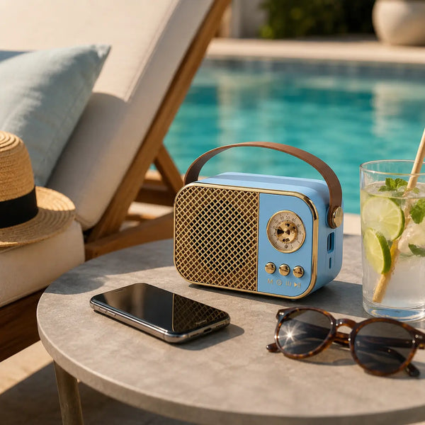 M24 retro mini bluetooth hoparlör masa üstünde