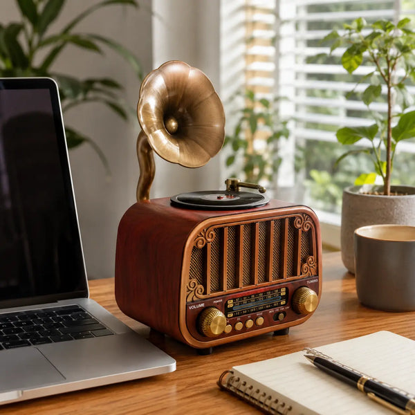 Plak çalar görünümlü radyo ile müzik keyfi