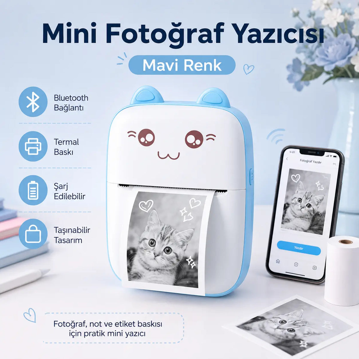 Taşınabilir Mini Termal Yazıcı — Kablosuz, Mürekkepsiz