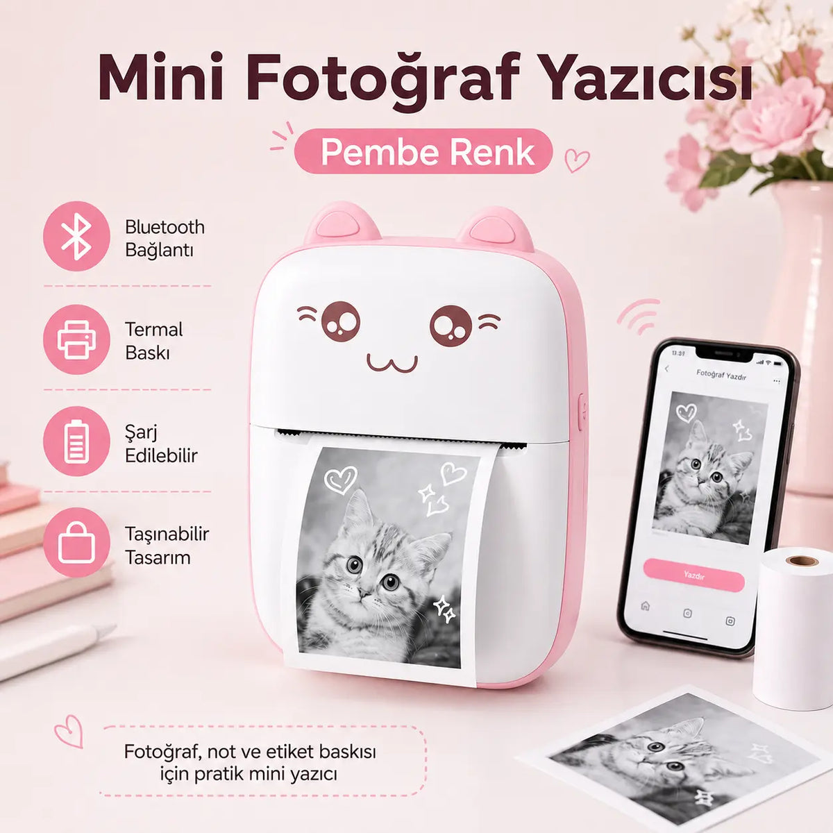 Taşınabilir Mini Termal Yazıcı — Kablosuz, Mürekkepsiz