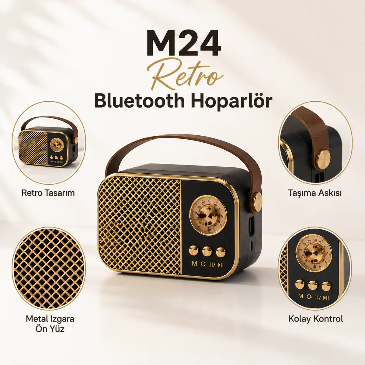 M24 Retro Bluetooth Hoparlör — FM Radyo, USB/TF (Şarjlı)
