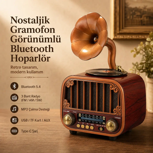 Nostaljik Gramofon Tasarımlı Bluetooth Hoparlör — Plak Çalar Görünümlü Radyo