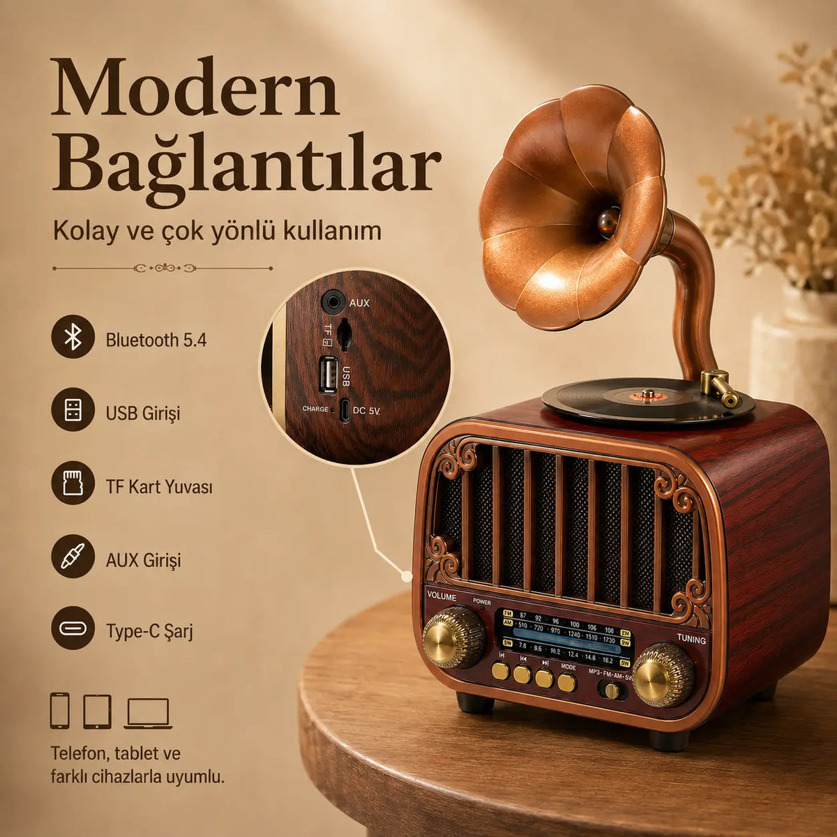 Nostaljik Gramofon Tasarımlı Bluetooth Hoparlör — Plak Çalar Görünümlü Radyo