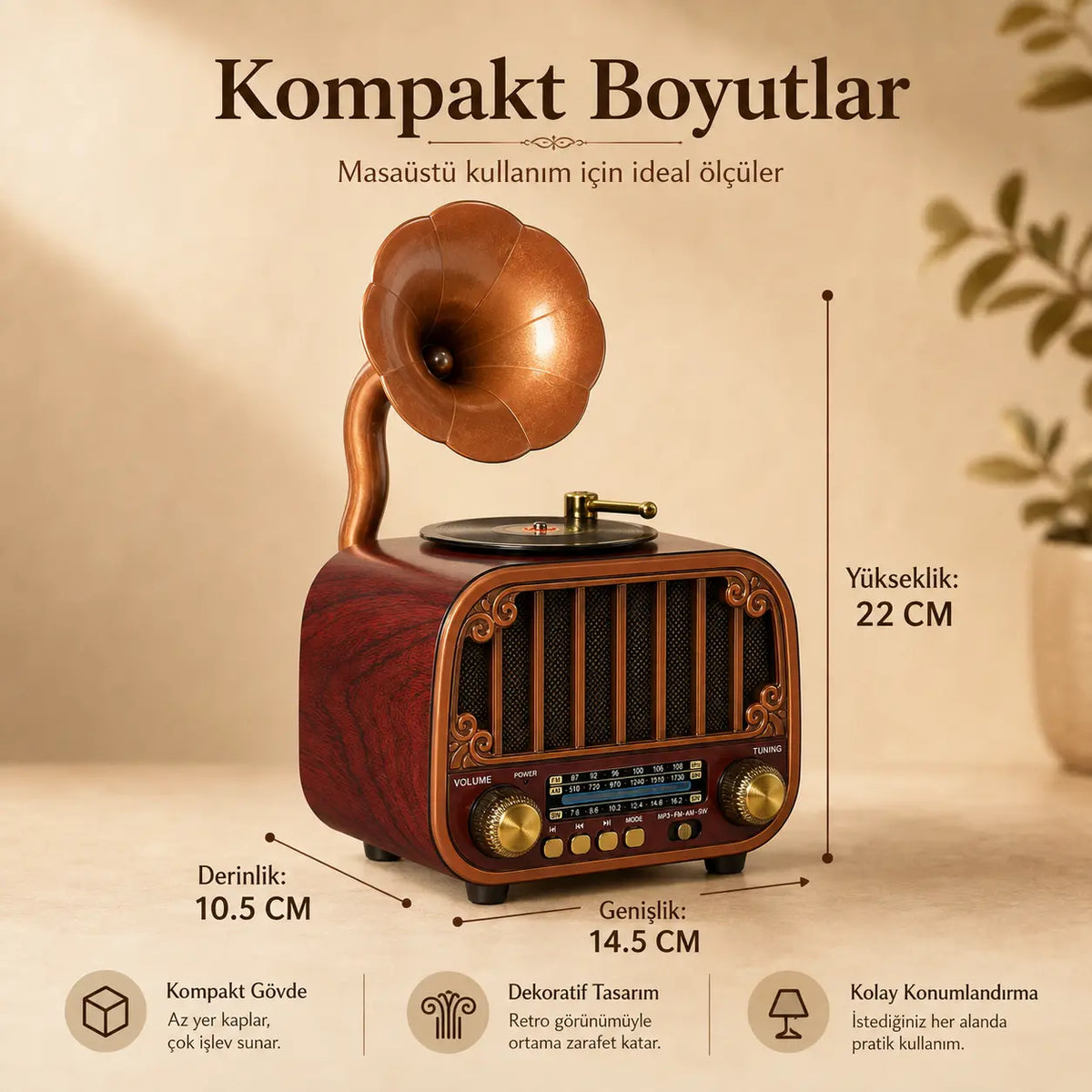 Nostaljik Gramofon Tasarımlı Bluetooth Hoparlör — Plak Çalar Görünümlü Radyo
