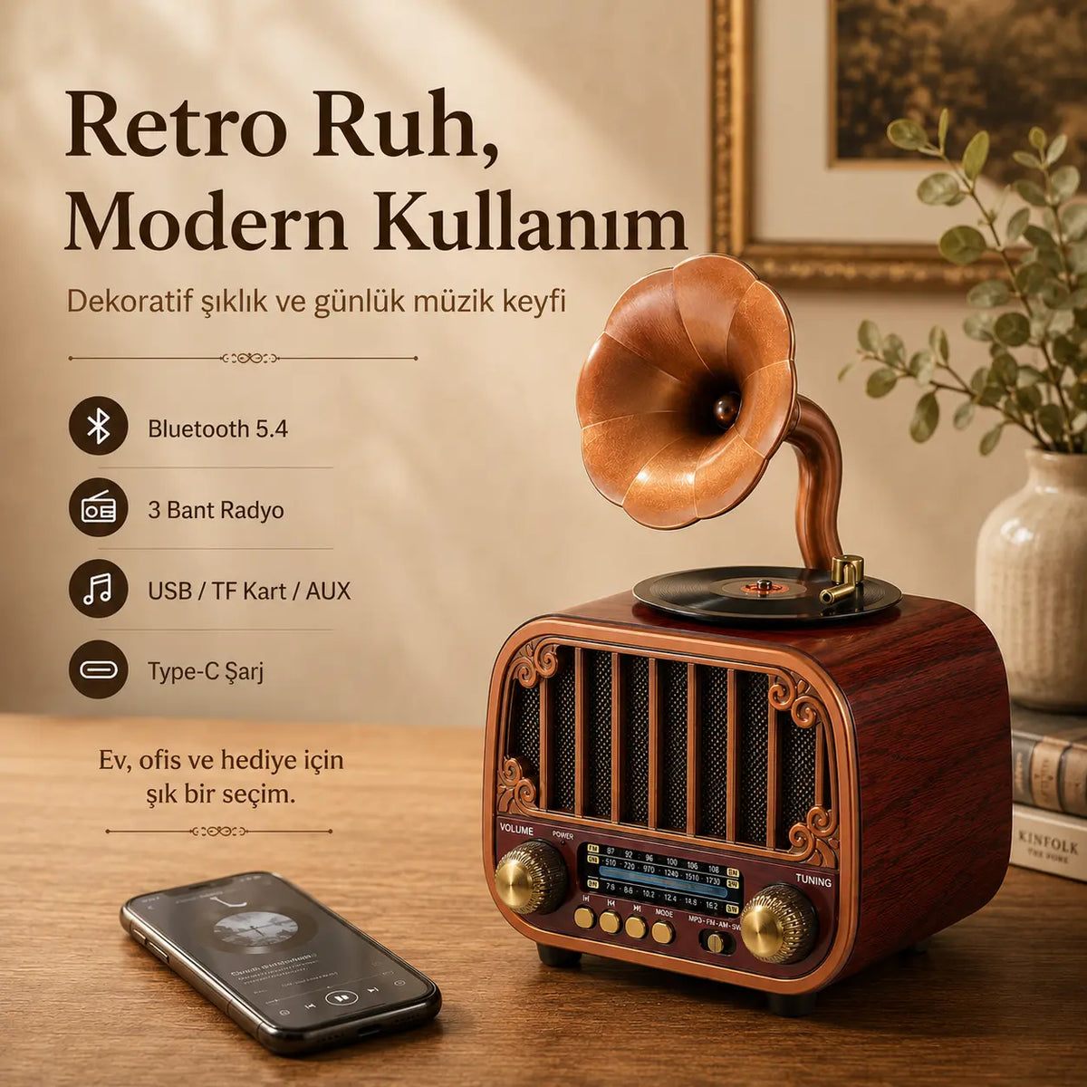 Nostaljik Gramofon Tasarımlı Bluetooth Hoparlör — Plak Çalar Görünümlü Radyo