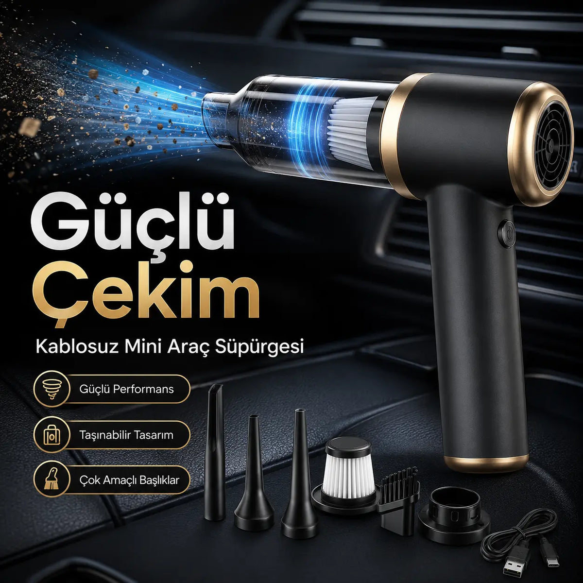 Şarjlı Mini Vakumlu Süpürge — Vakum + Üfleme, Kablosuz Güçlü Temizlik